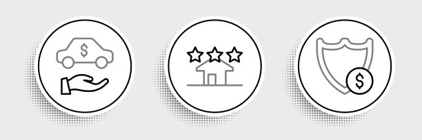 设置线盾与美元，汽车租赁和房地产图标。向量图片下载