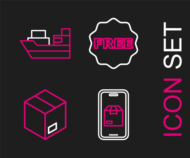 设定线手机应用送货跟踪，纸箱纸箱，大米标签与免费和货船箱子图标。向量图片下载