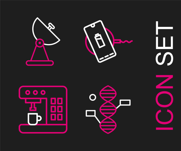 设置线DNA符号，咖啡机，无线充电器和雷达图标。向量图片下载