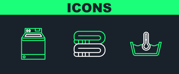 设置线温度洗涤，洗衣机和毛巾堆叠图标。向量图片下载