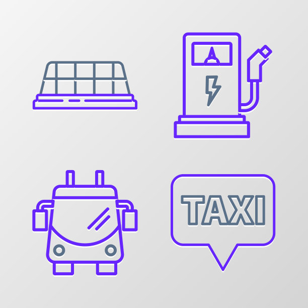 设置路线地图指针与出租车，无轨电车，电动汽车充电站和出租车车顶图标。向量图片下载