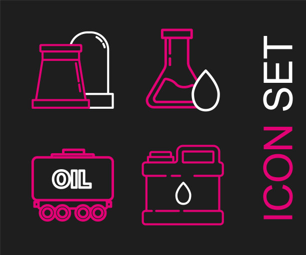 设置线罐为电机机油，油铁路储罐，汽油试管和天然气工业厂房图标。向量图片下载