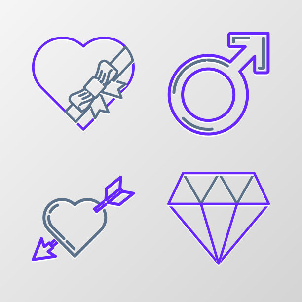 集行钻石，爱情符号与心和箭头，男性性别和糖果在形状盒弓图标。向量图片下载