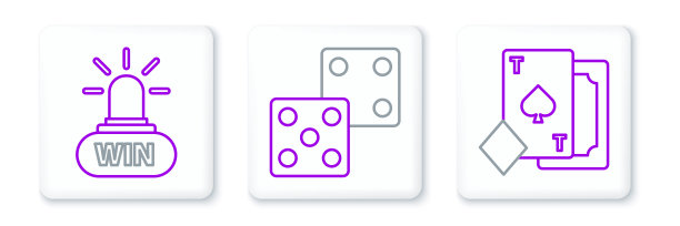 设置一行扑克牌与黑桃，赌场赢和游戏骰子图标。向量图片下载