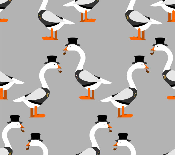 鹅毛贵族花纹无缝。戴帽子的鹅，背景是烟斗图片下载