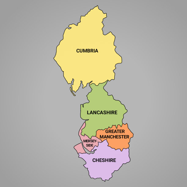 英格兰西北部行政和政治地图。图片下载