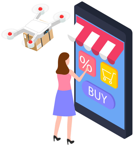 现代科技移动网上购物，电子商务，快递运输与飞行无人机图片下载
