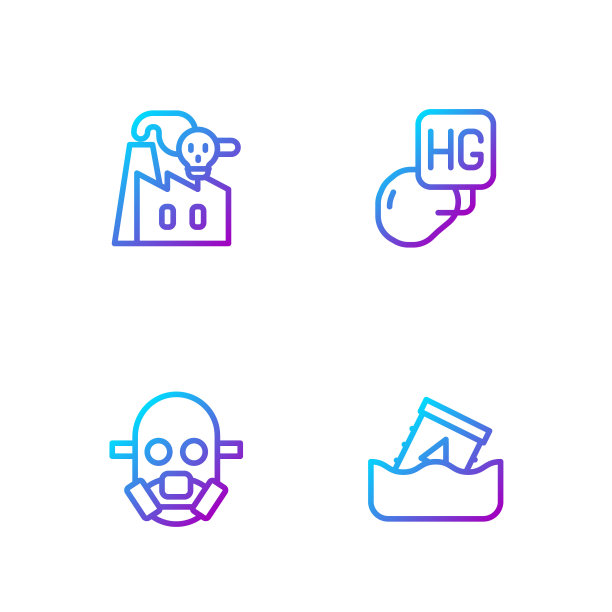 设置线放射性废料桶，防毒面具，烟雾从工厂和汞滴。渐变颜色图标。向量图片下载