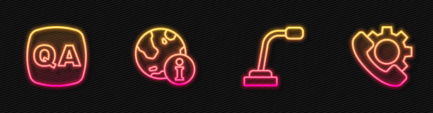 设置在线麦克风、问答、信息和电话24小时支持。发光的霓虹灯图标。向量图片下载