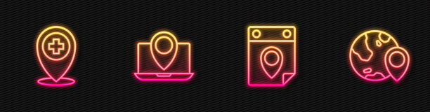 设置线路旅行计划日历，跨医院位置，笔记本电脑位置标记和地球仪。发光的霓虹灯图标。向量图片下载