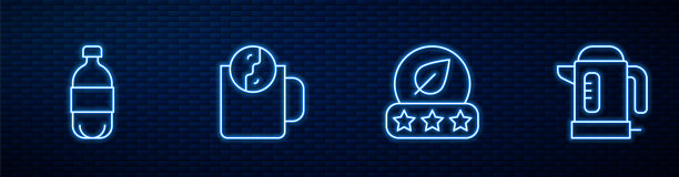 设置线茶叶，瓶装水，时间和电热水壶。砖墙上发光的霓虹灯图标。向量图片下载