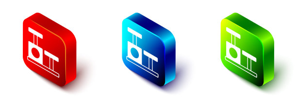 等距猫抓挠与玩具图标隔离在白色背景。红、蓝、绿色方形按钮。向量图片下载