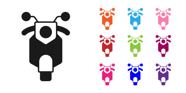 黑色踏板车图标孤立在白色背景。设置彩色图标。向量图片下载