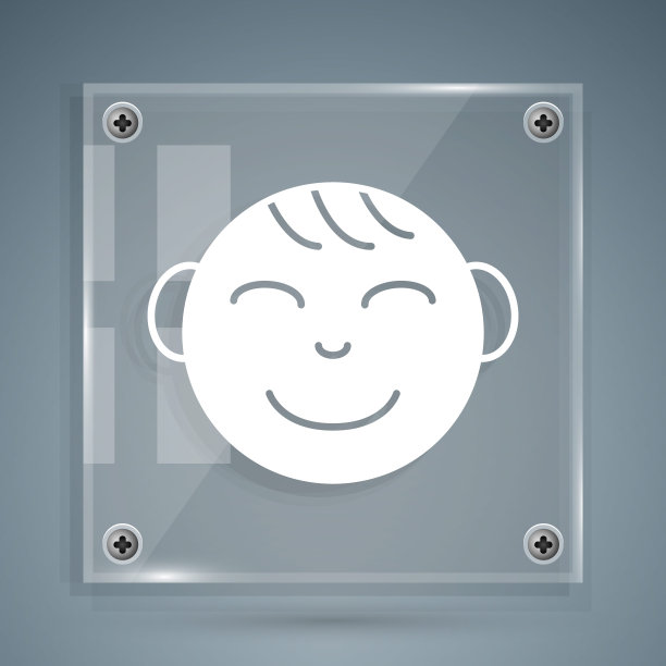 白色快乐的小男孩头图标孤立在灰色背景。小男孩的脸。方形玻璃面板。向量图片下载