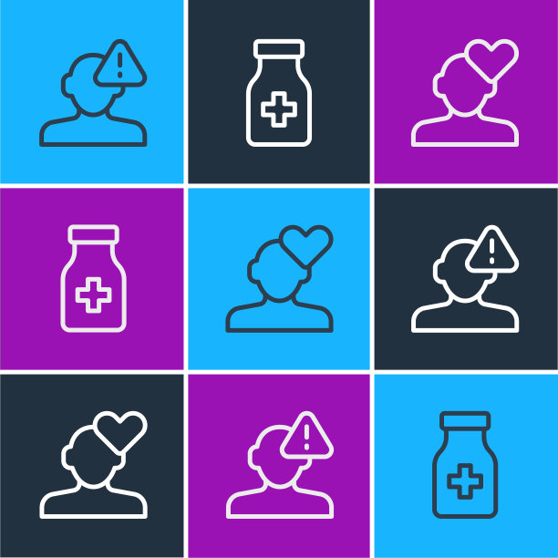 设定线发现心理问题，心碎或离婚和镇静剂图标。向量图片下载