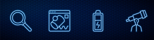 设置蓄电池，放大镜，数据可视化和望远镜。砖墙上发光的霓虹灯图标。向量图片下载