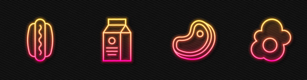牛排肉，热狗，牛奶和炒鸡蛋的包装。发光的霓虹灯图标。向量图片下载