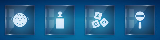 设置小男孩头，婴儿奶瓶，ABC积木和拨浪鼓婴儿玩具。方形玻璃面板。向量图片下载