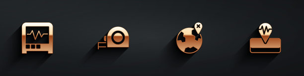 设置地震仪，轮盘结构，位置地球仪和地震图标与长阴影。向量图片下载