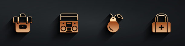 设置徒步背包，带两个扬声器的家庭音响，梨和急救箱图标长阴影。向量图片下载