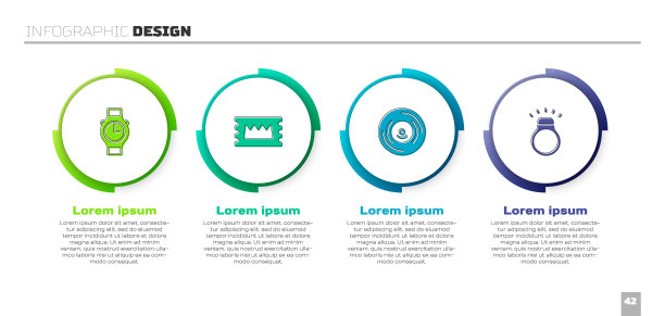 套装腕表、演唱会门票、黑胶唱片、钻石戒指。业务信息图模板。向量图片下载