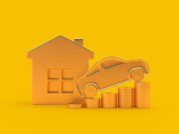 成堆的硬币上有金色的房子和汽车图标。三维演示图片下载