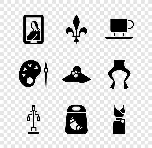 集肖像在博物馆，芙蓉De Lys，咖啡杯，路灯，羊角包，女装，油漆刷与调色板和优雅的女性帽子图标。向量图片下载