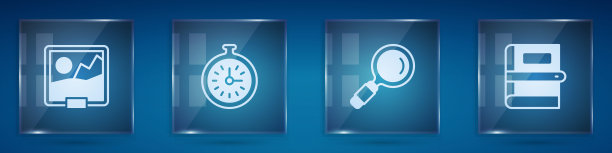 套装图片，怀表，放大镜和书。方形玻璃面板。向量图片下载