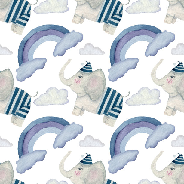 水彩图案与卡通大象，云和抽象彩虹在白色背景。图片下载