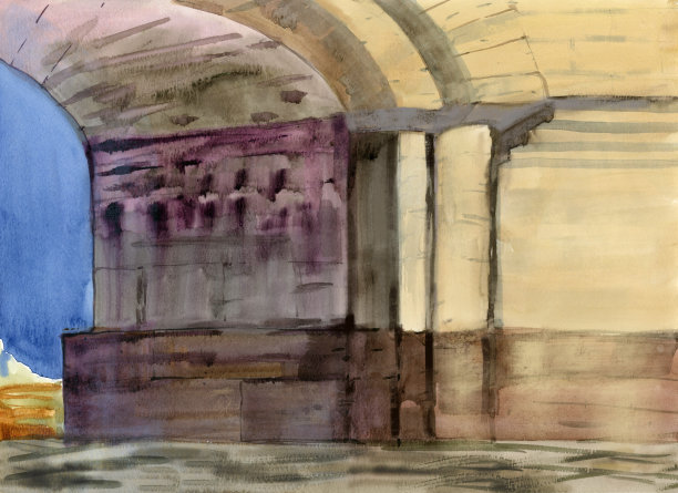 水彩景观的拱门，古城的大门。东部城市。耶路撒冷。出版物，帖子，设计。图片下载