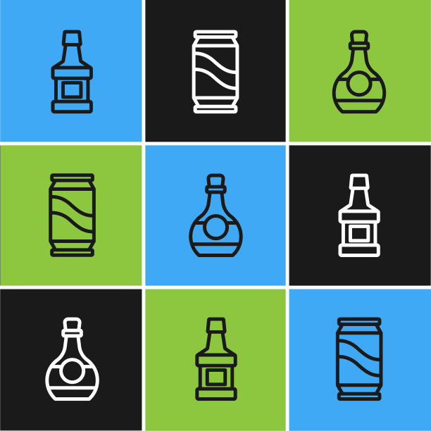 集威士忌瓶、干邑瓶或白兰地瓶及啤酒可icon。向量图片下载
