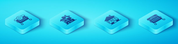 设置等距搜索食物，无家可归的纸板房子，垃圾桶和避难所无家可归的图标。向量图片下载