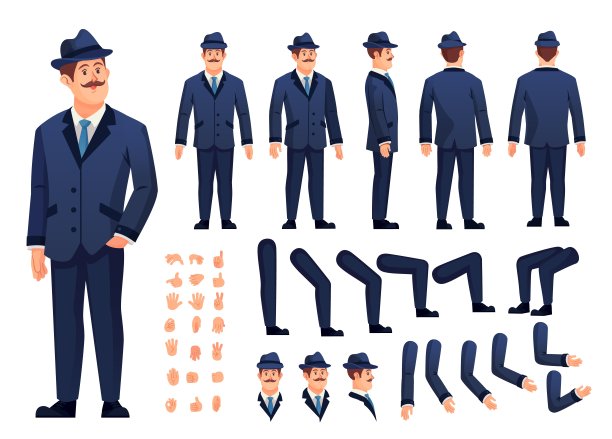 Buisnessman构造函数。卡通人物在西装字符生成器，优雅的绅士或侦探在帽子动画创作者办公室人物套件男性头像脸矢量插图图片下载