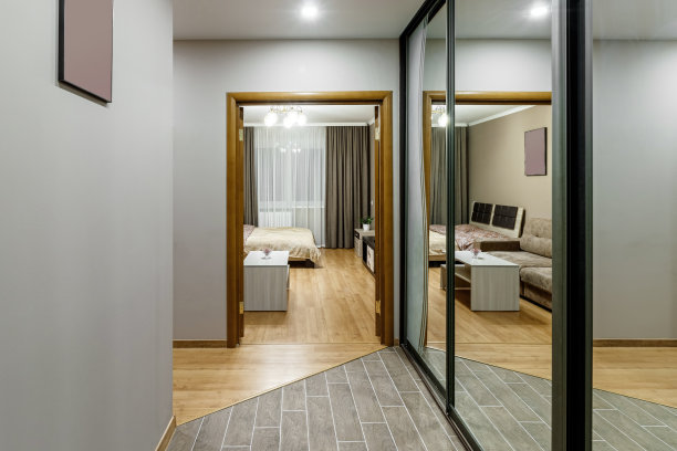 现代公寓门厅内长走廊，设有门、柜、架和镜子图片下载