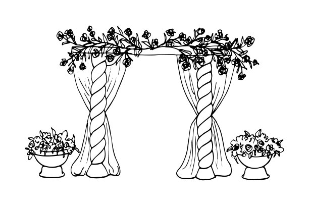 长方形的拱形浮雕凸起的柱子，装饰着树枝和花周围的边缘小花园花瓶与花-手绘涂鸦。用鲜花装饰的婚礼拱门图片下载