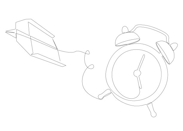 一排连续的闹钟和纸飞机。细线插图矢量概念。轮廓图创意。图片下载