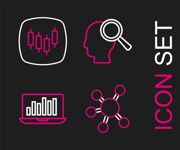 设置线项目团队基地，笔记本电脑与图表，搜索人员和浏览器股票市场图标。向量图片下载