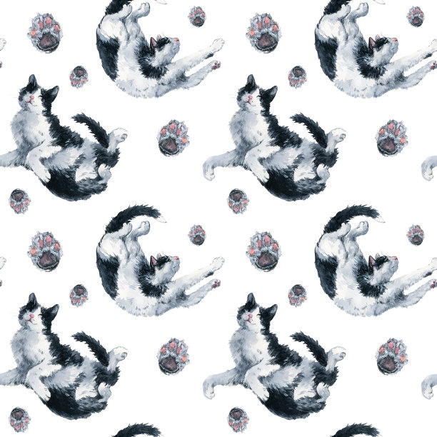 两只玩黑白双色的猫和粉红爪子的无缝图案。白底水彩画图片下载