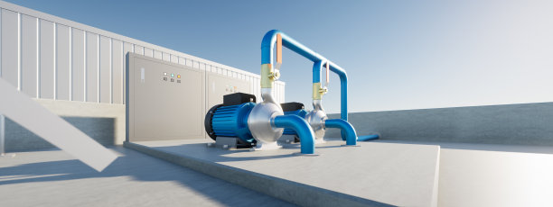 水箱天台水泵站三维效果图。包括离心泵、电机、管路、阀门和电气控制箱。机器在工业工作中用于分配水。图片下载