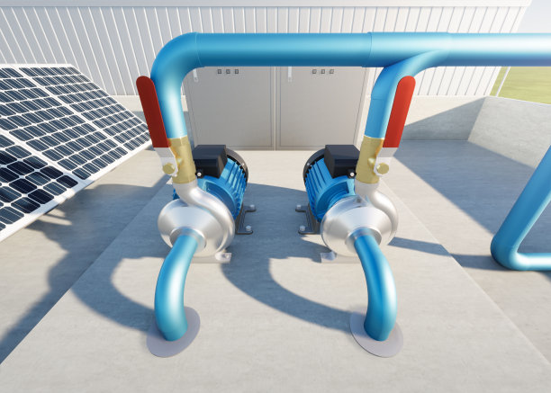 天台工厂抽水站三维效果图。包括离心泵、电机、管路、阀门、太阳能电池板和控制箱。机器在工业作业中作分配、供水之用图片下载