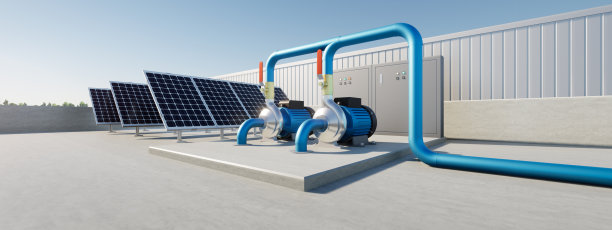 天台工厂抽水站三维效果图。包括离心泵、电机、管路、阀门、太阳能电池板和控制箱。机器在工业作业中作分配、供水之用图片下载