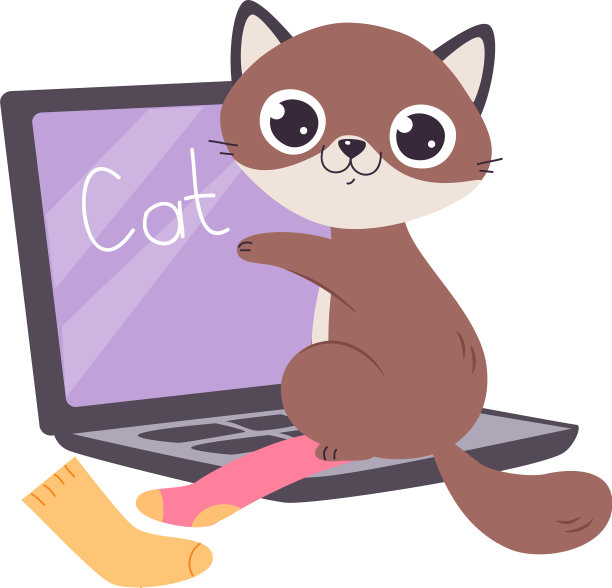 棕色外套的可爱猫坐在笔记本电脑上打字图片下载