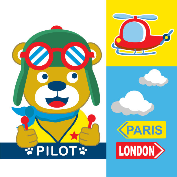 一个可爱的小熊飞行员卡通，矢量插图图片下载