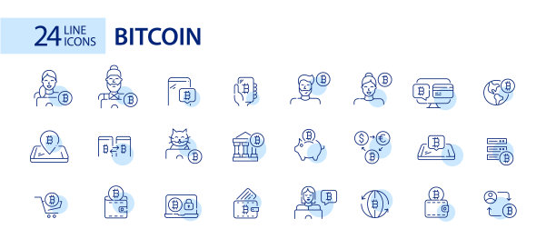 24个比特币图标。全球加密货币的使用。现代科技虚拟金融工具。像素完美，可编辑的笔画图片下载