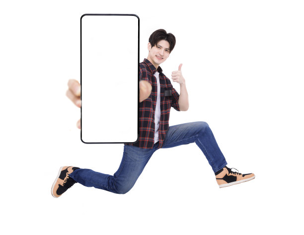快乐的年轻人跳，显示空白的手机屏幕图片下载