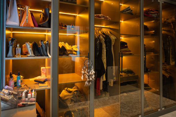现代女性更衣室内部的鞋子，包和挂衣服图片下载
