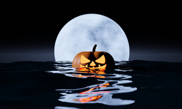 万圣节背景3d渲染。在海洋上，满月和蝙蝠在深蓝色的大海上。万圣节背景的插图设计图片下载