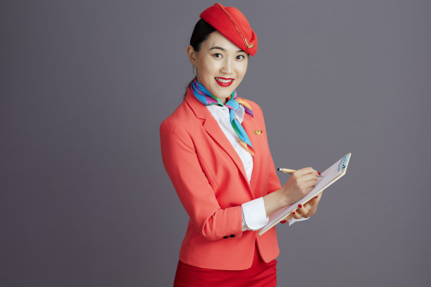 微笑时尚的空姐亚洲女人反对灰色图片下载