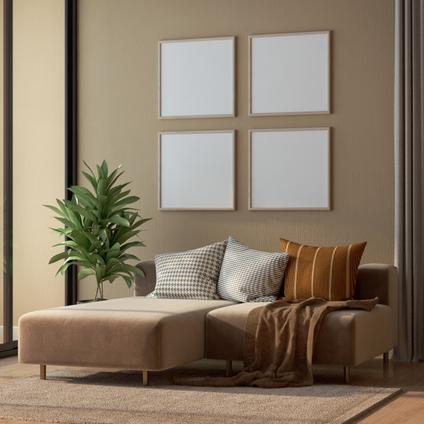 空白相框模拟在现代客厅沙发枕头和棕色的墙壁背景。三维渲染图片下载