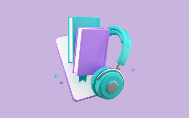 用耳机听有声读物。耳机，紫色背景的书。三维渲染图片下载